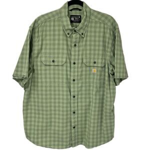 Carhartt Size XL Loose Fit  Light Green Plaid Short Sleeve Button Down Shirt